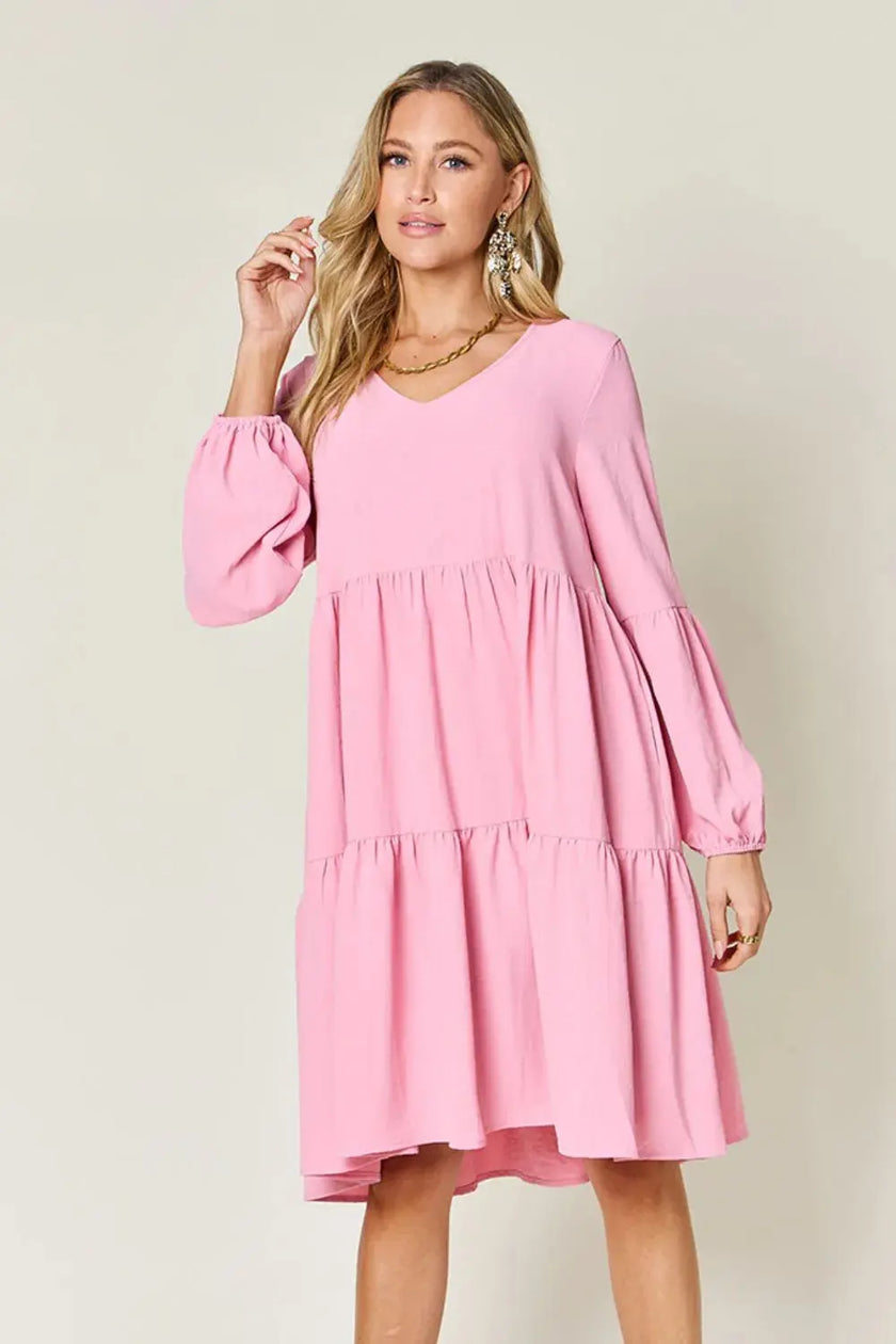 Double Take Full Size V-Neck Balloon Sleeve Tiered Dress with Pockets  Style Ratio