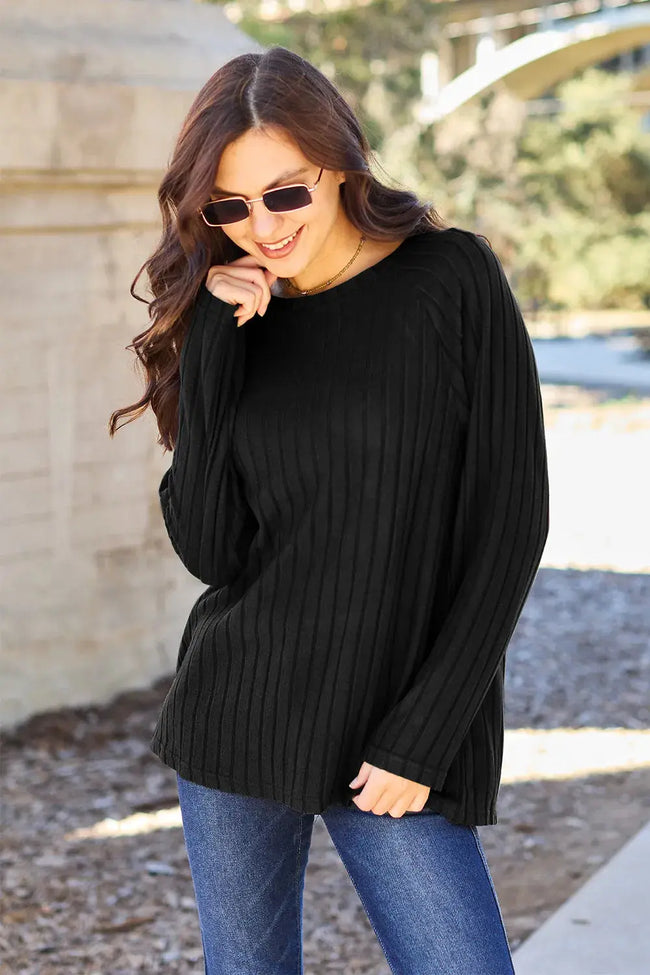Basic Bae Full Size Ribbed Round Neck Long Sleeve Top  Style Ratio