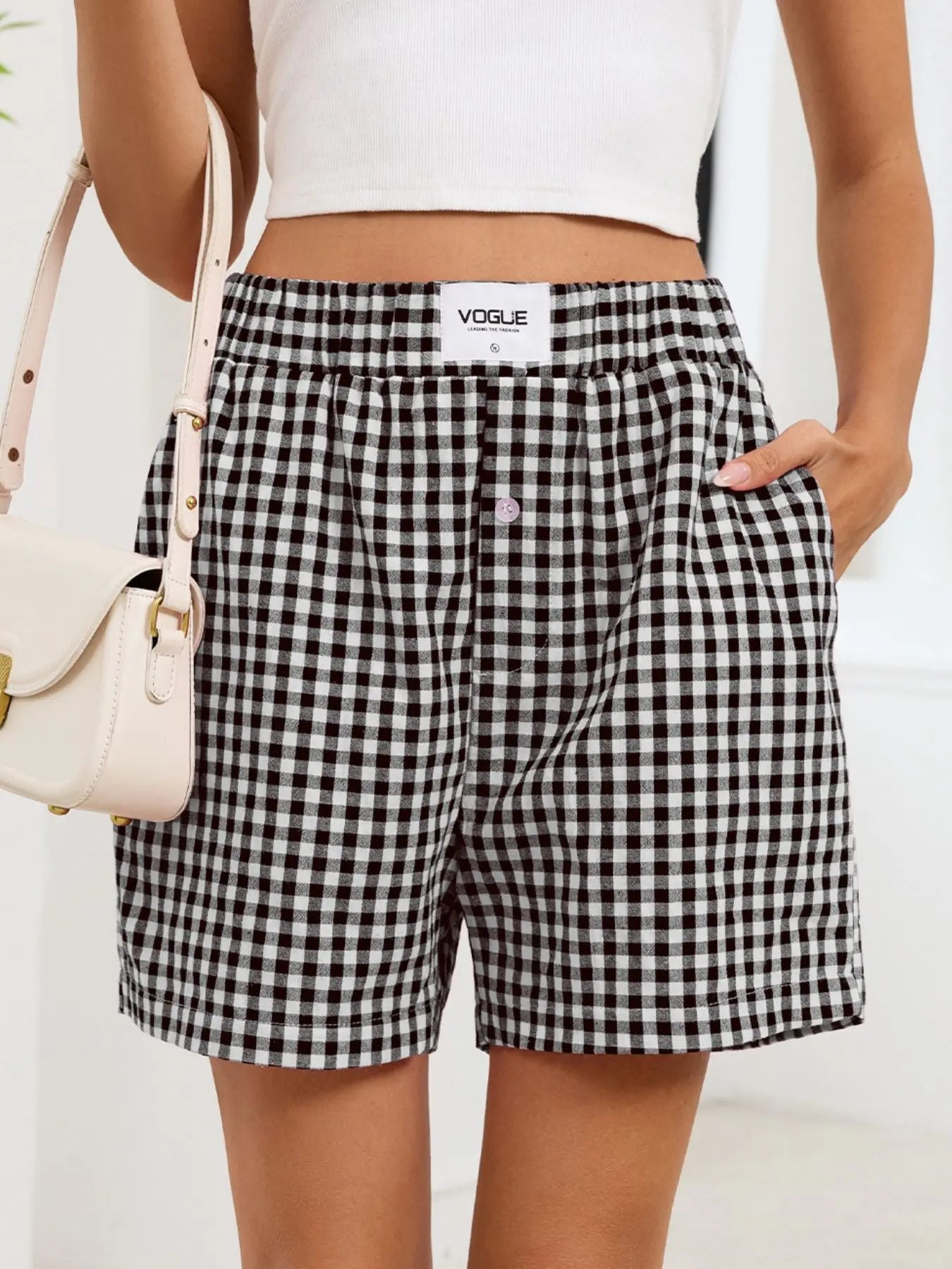 Gingham Elastic Waist Casual Shorts  Style Ratio