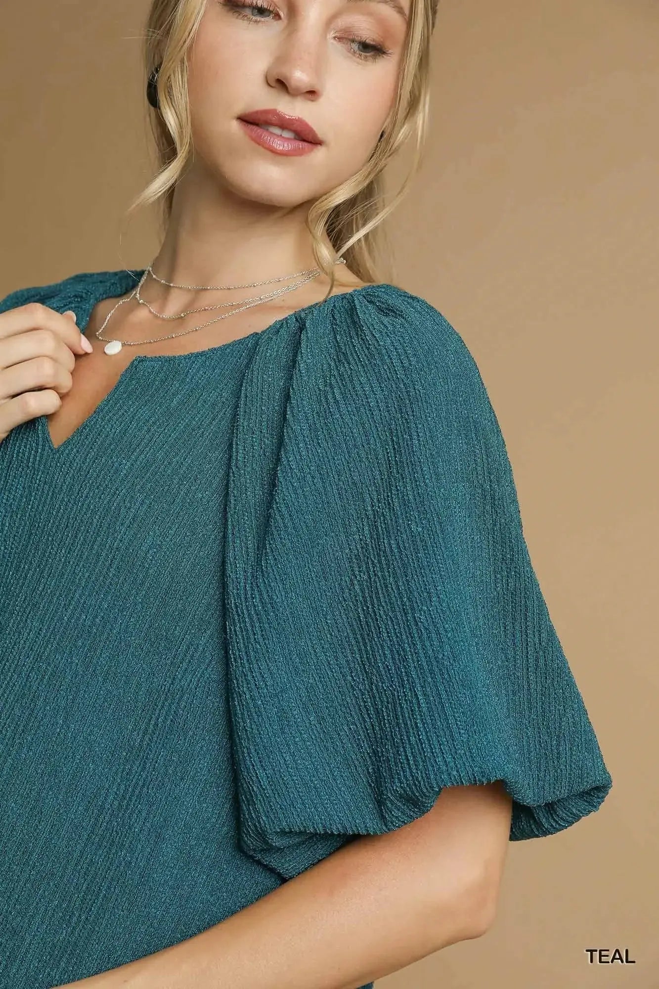 Umgee Textured Flutter Sleeve Notch Neck Blouse  Style Ratio