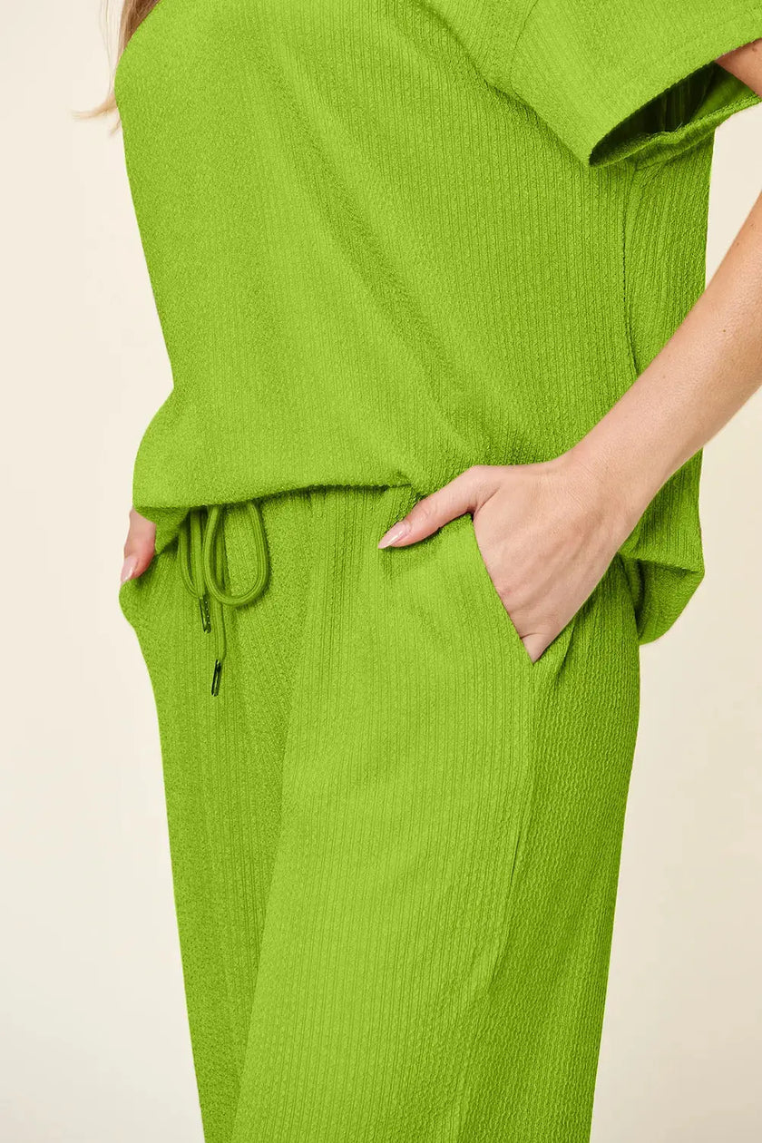 Double Take Texture Round Neck Short Sleeve Shirt and Wide Leg Pants  Style Ratio