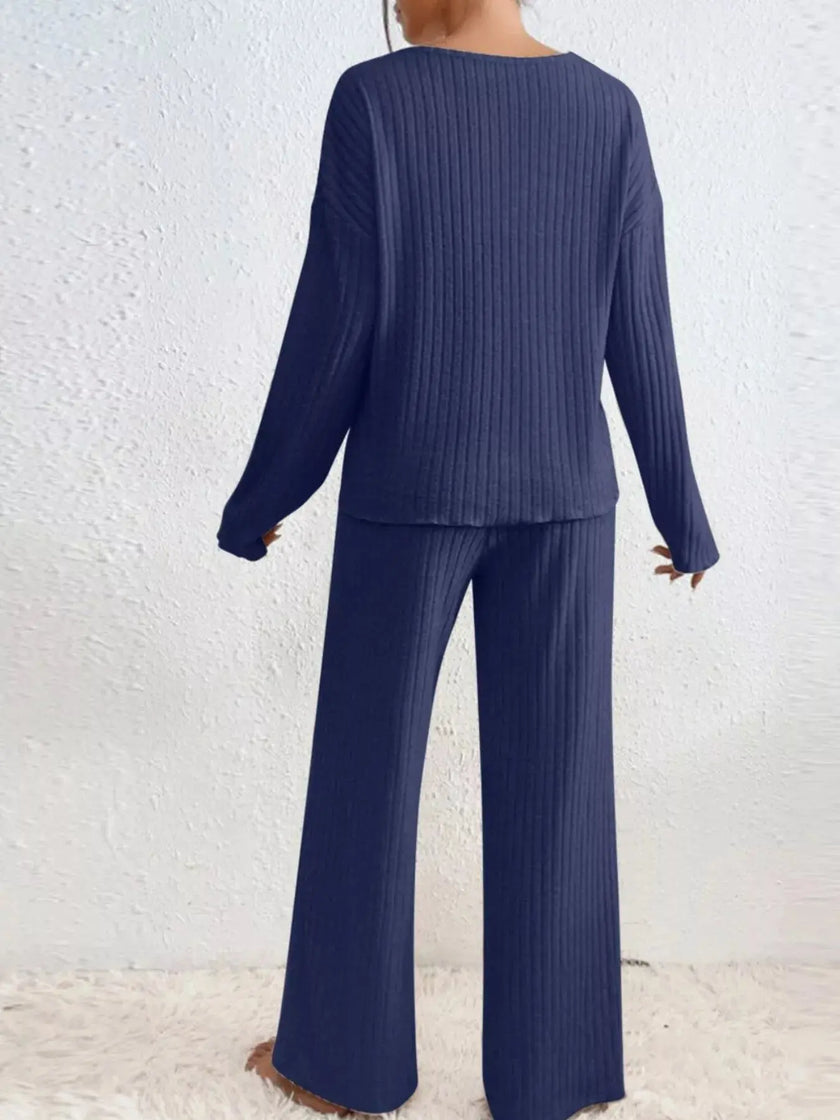 Ribbed V-Neck Top and Pants Loungewear  Style Ratio