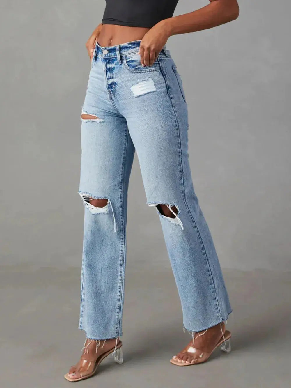 Distressed Straight Leg Jeans with Pockets  Style Ratio