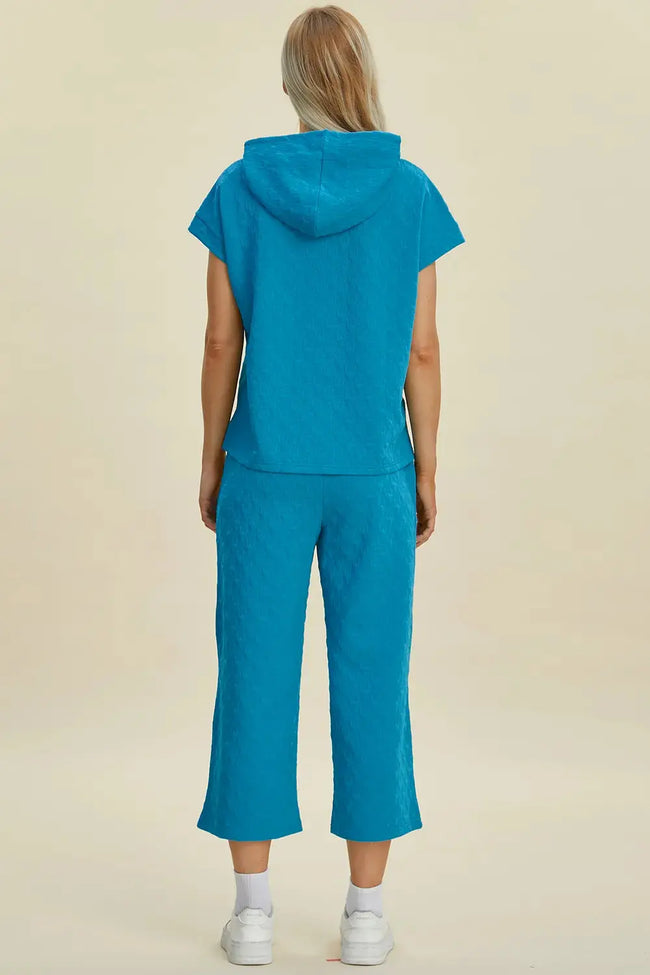 Double Take Texture Drawstring Short Sleeve Hoodie and Pocketed Pants Set  Style Ratio