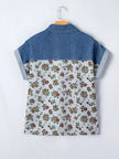 Floral Print Denim Patchwork Shirt  Style Ratio