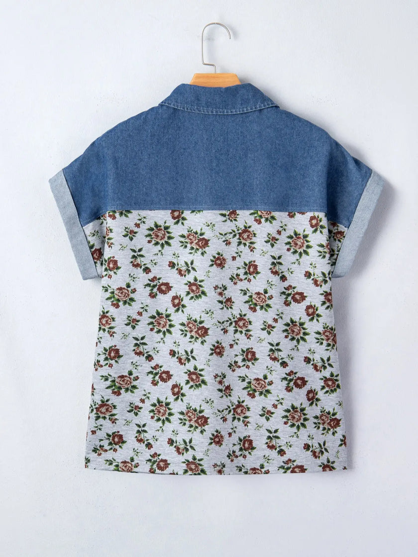 Floral Print Denim Patchwork Shirt  Style Ratio