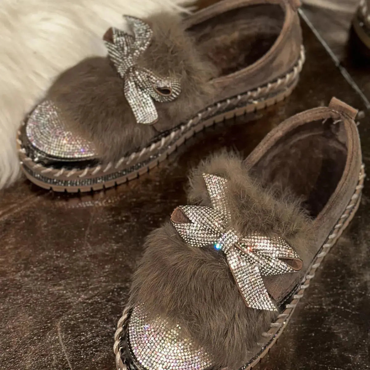 Fuzzy Bowknot Rhinestone Platform Loafers  Style Ratio