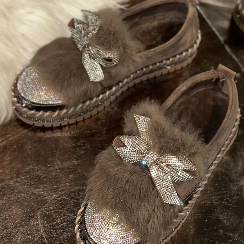 Fuzzy Bowknot Rhinestone Platform Loafers  Style Ratio