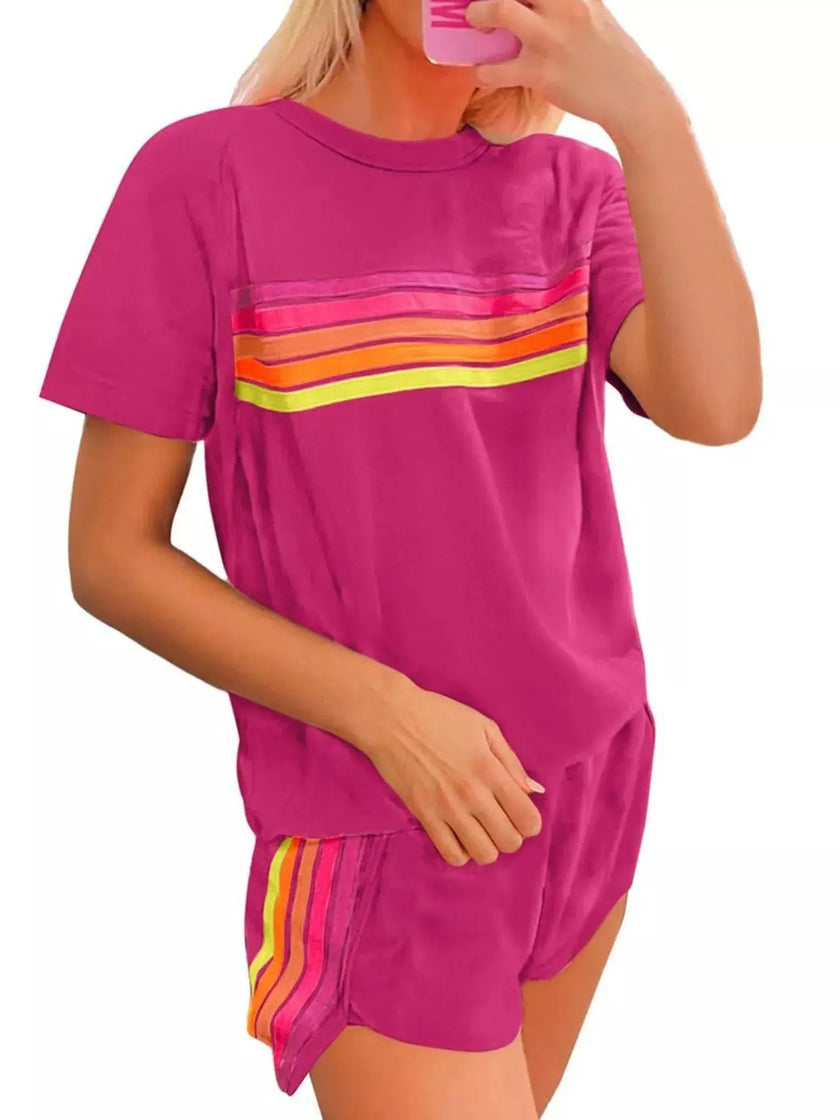 Rainbow Striped Round Neck Top and Shorts Set  Style Ratio