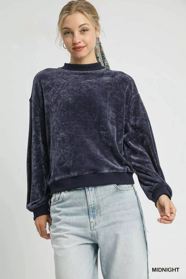 Umgee Velour Crewneck Balloon Sleeve Sweatshirt  Style Ratio