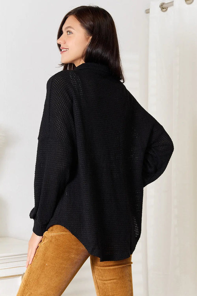 Double Take Waffle Knit Collared Neck Dropped Shoulder Long Sleeve Shirt  Style Ratio