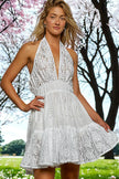 POL Halter Lace Patch Ruffle Mini Dress with Adjustable Tie on Back  Style Ratio
