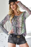 BiBi Snakeskin Print Low Gauge Hacci V Neck Long Sleeve Top  Style Ratio