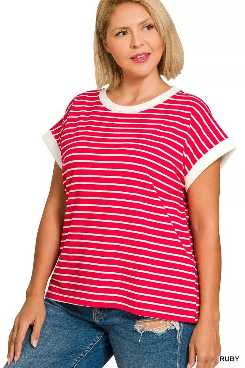 Zenana Full Size Contrast Trim Cap Sleeve Stripe Sweater  Style Ratio