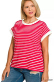 Zenana Full Size Contrast Trim Cap Sleeve Stripe Sweater  Style Ratio