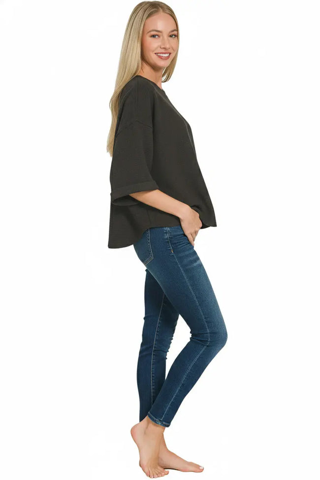 Zenana Double Knit Exposed Seam Curved Hem Top  Style Ratio