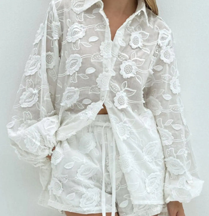 Floral Embroidered Shirt and Shorts Set  Style Ratio
