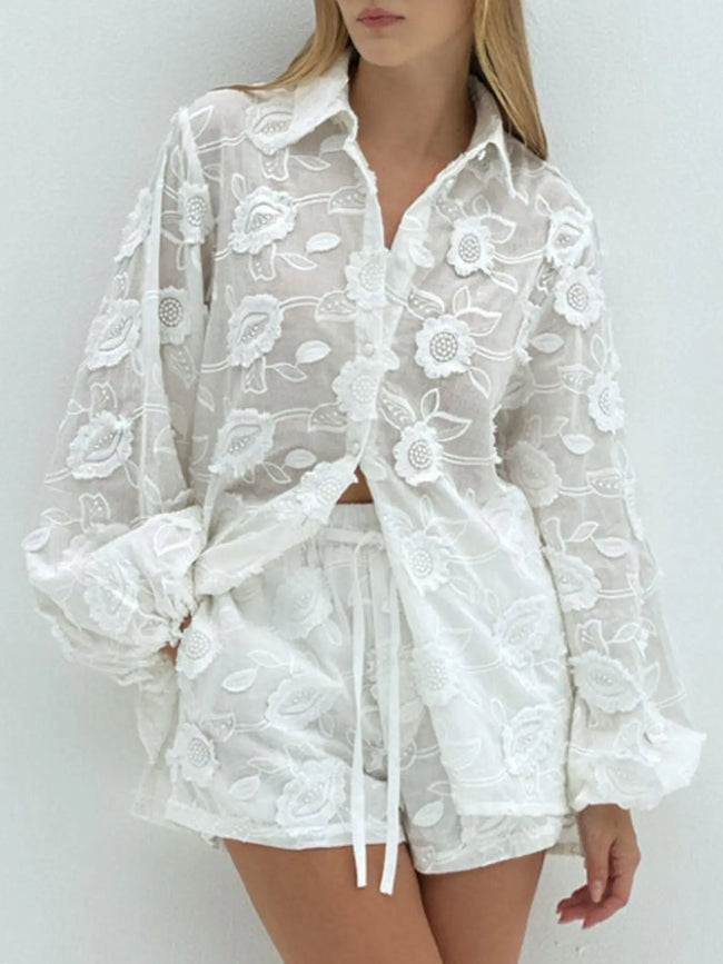 Floral Embroidered Shirt and Shorts Set  Style Ratio
