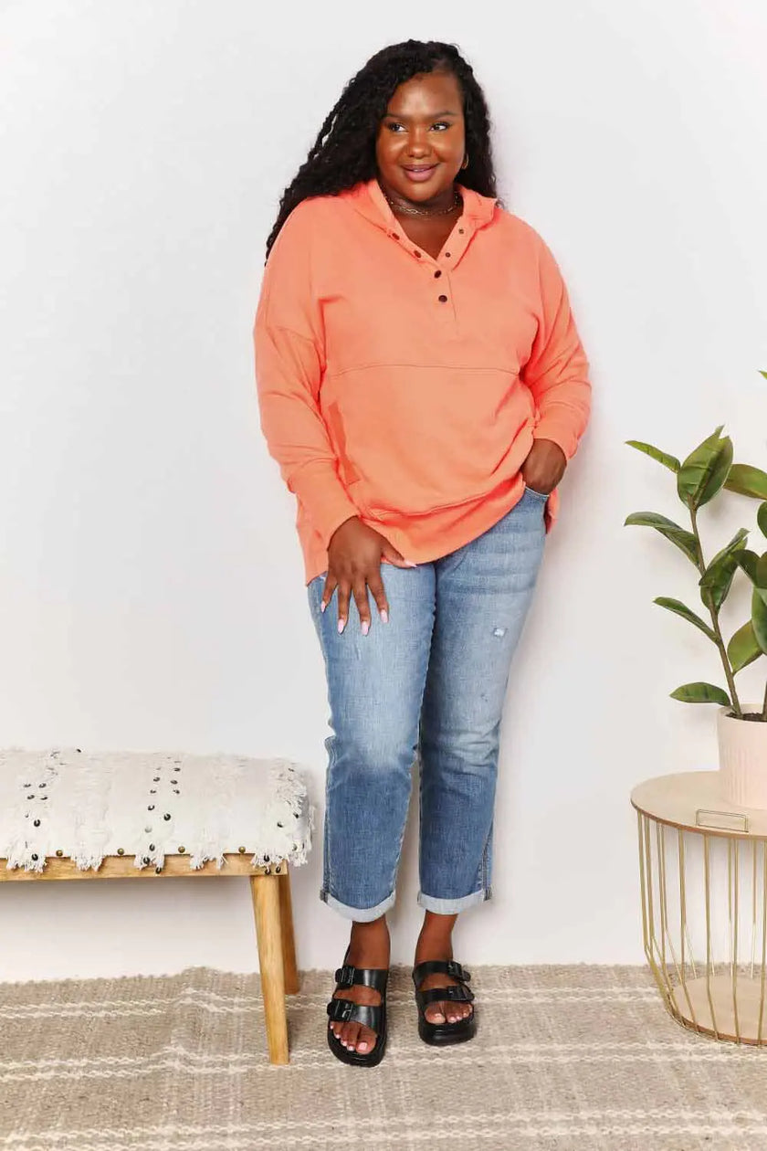 Double Take Quarter-Snap Dropped Shoulder Hoodie  Style Ratio