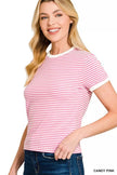Zenana Striped Contrast Trim Short Sleeve Shirt  Style Ratio