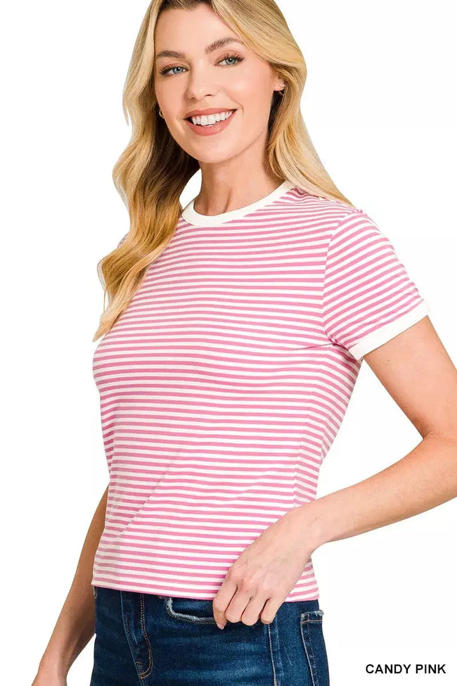 Zenana Striped Contrast Trim Short Sleeve Shirt  Style Ratio