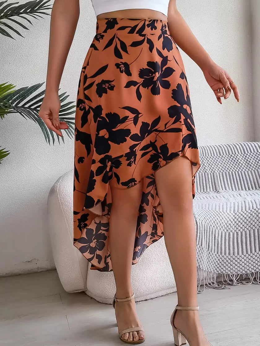 Floral Print Ruffle Hem Asymmetrical Skirt  Style Ratio
