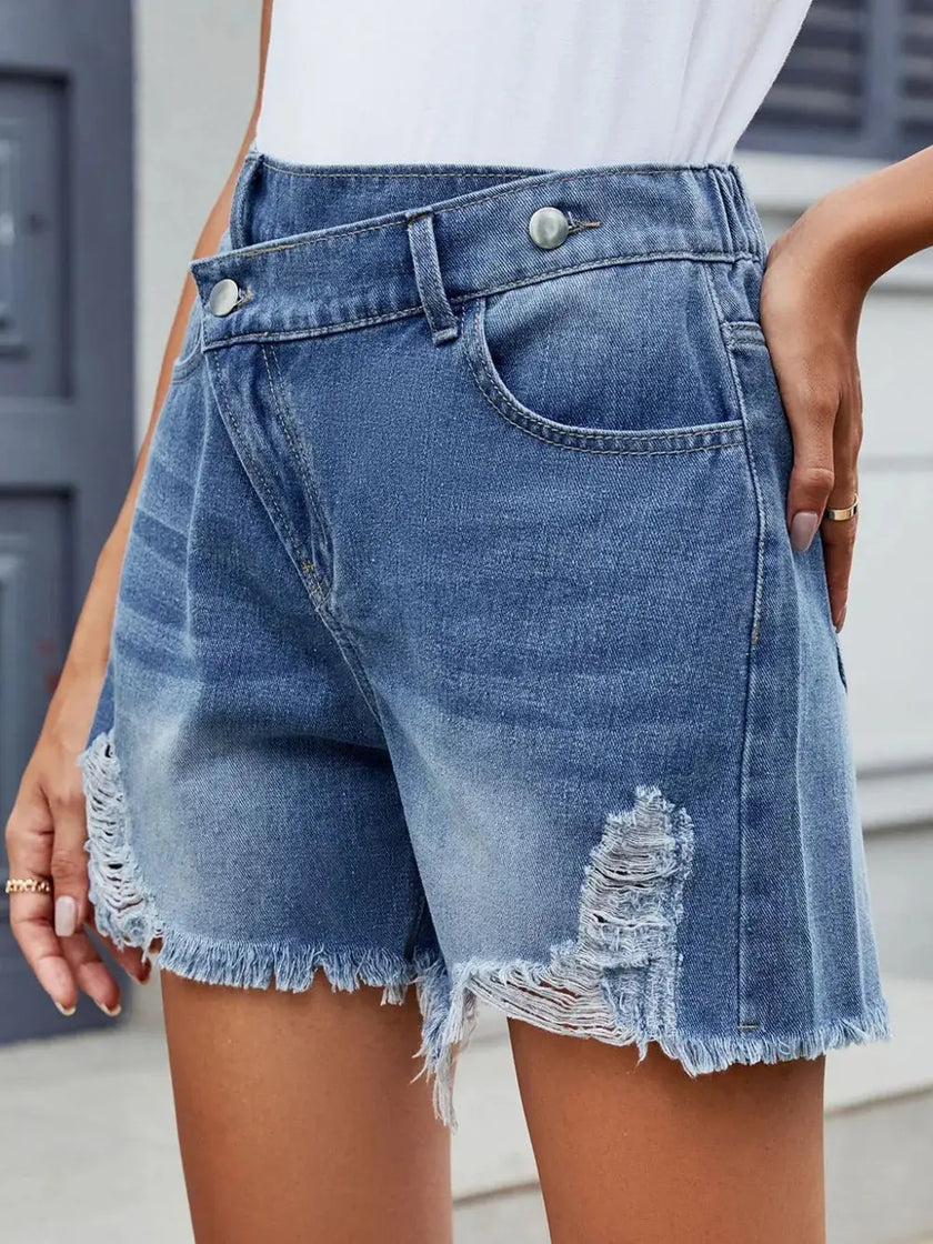 Distressed Raw Hem Asymmetrical Waist Denim Shorts  Style Ratio