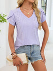Eyelet Petal Sleeve V Neck Shirt  Style Ratio