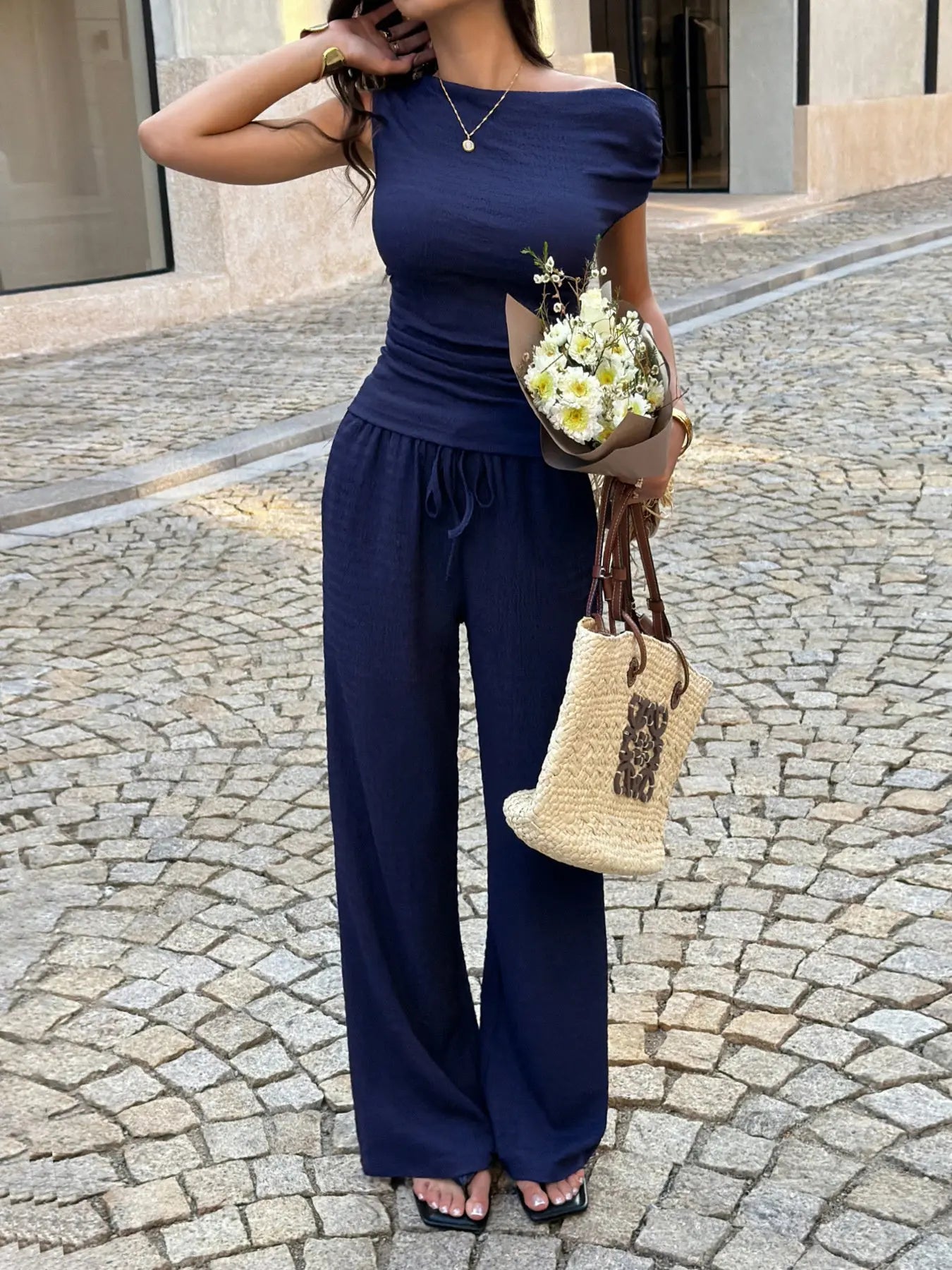 Asymmetrical Neck Top and Pants Set  Style Ratio