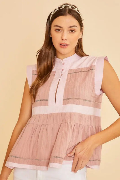 Annie Wear Contrast Trim Peplum Button Detail Blouse Trendsi