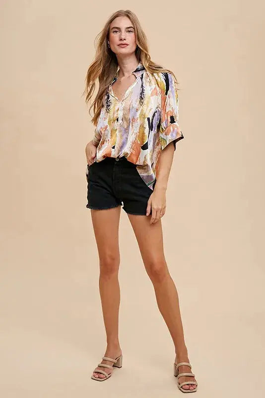 Annie Wear Multi Color Printed V-Neck Open Woven Blouse  Style Ratio