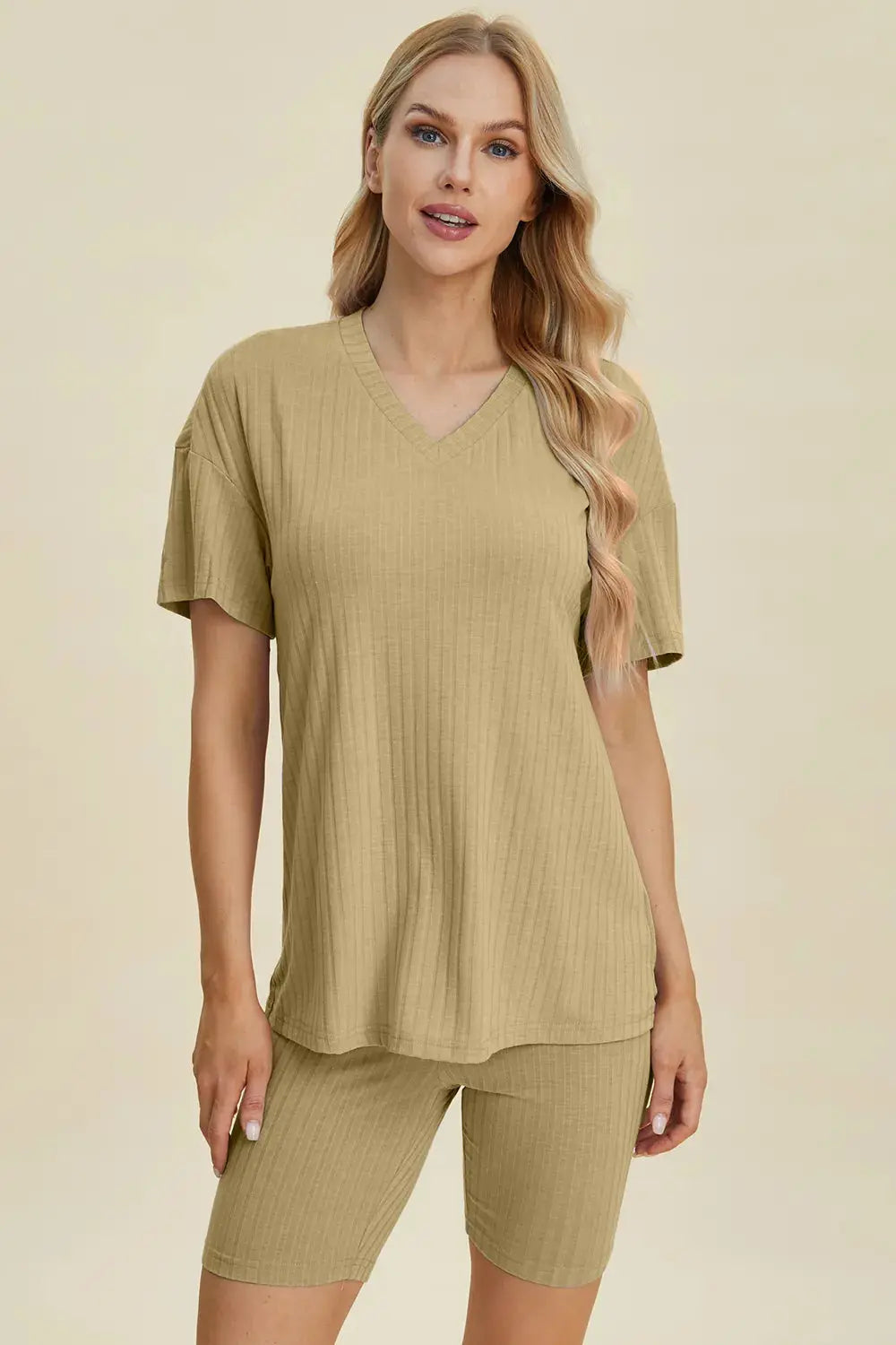 Basic Bae Full Size Ribbed V-Neck Short Sleeve Top and Shorts Loungewear  Style Ratio