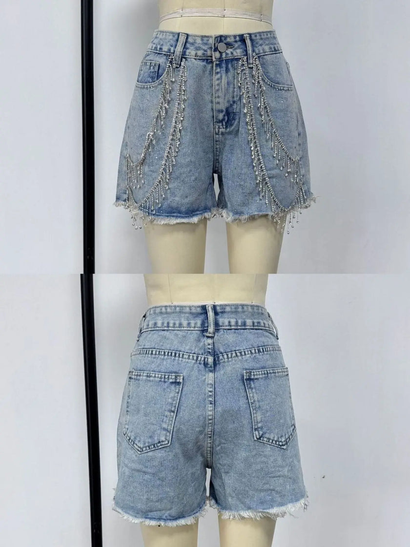 Rhinestone Chain Raw Hem Denim Shorts  Style Ratio