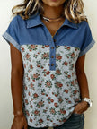 Floral Print Denim Patchwork Shirt  Style Ratio