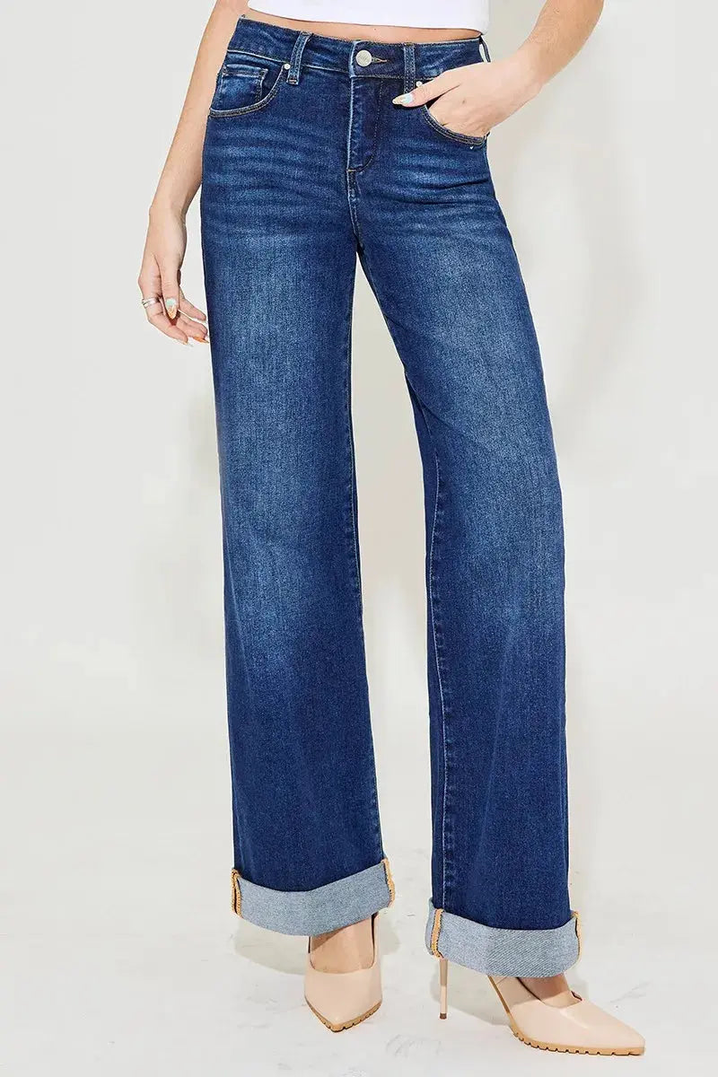 RISEN Tummy Control High Rise Wide Leg Cuffed Jeans  Style Ratio