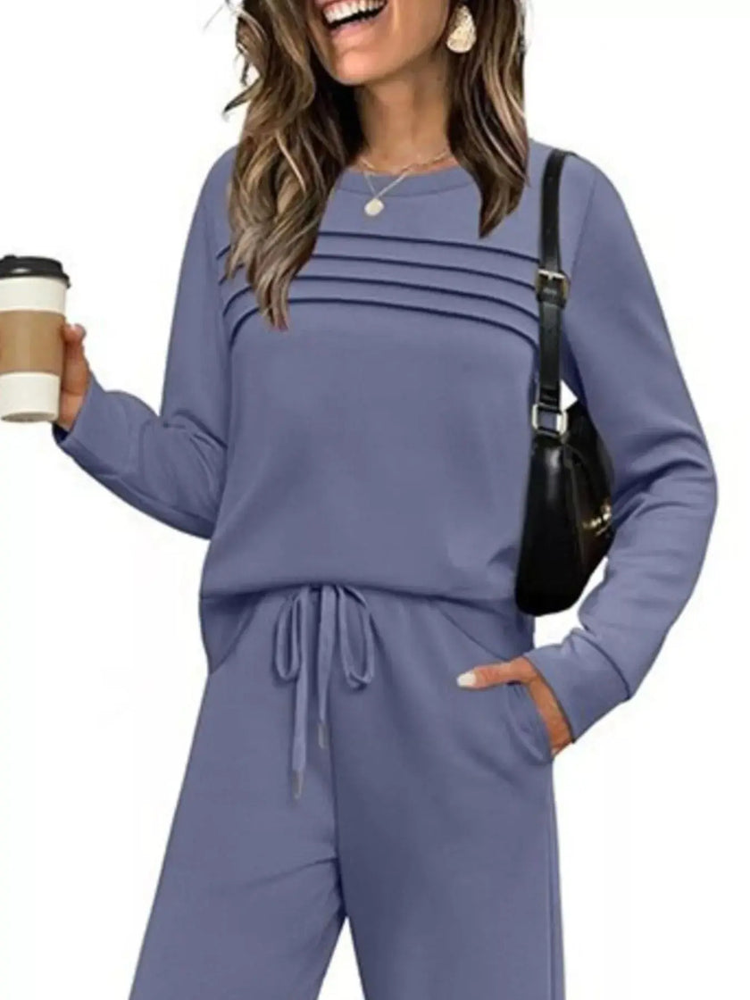 Full Size Long Sleeve Round Neck Top and Pants Set  Style Ratio
