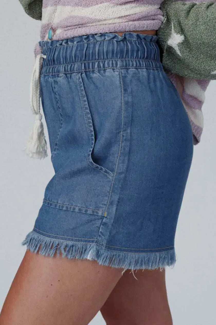 Raw Hem Drawstring High Waist Denim Shorts with Pockets  Style Ratio