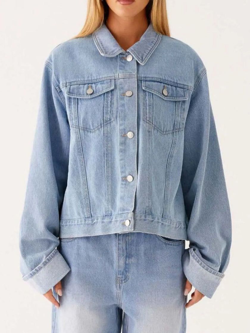 Button Down Cropped Oversized Denim Jacket  Style Ratio
