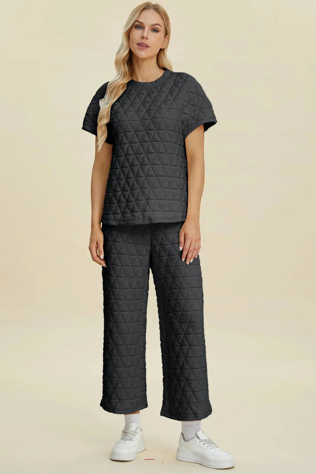Double Take Full Size Texture Round Neck Short Sleeve Top and Pants Set  Style Ratio