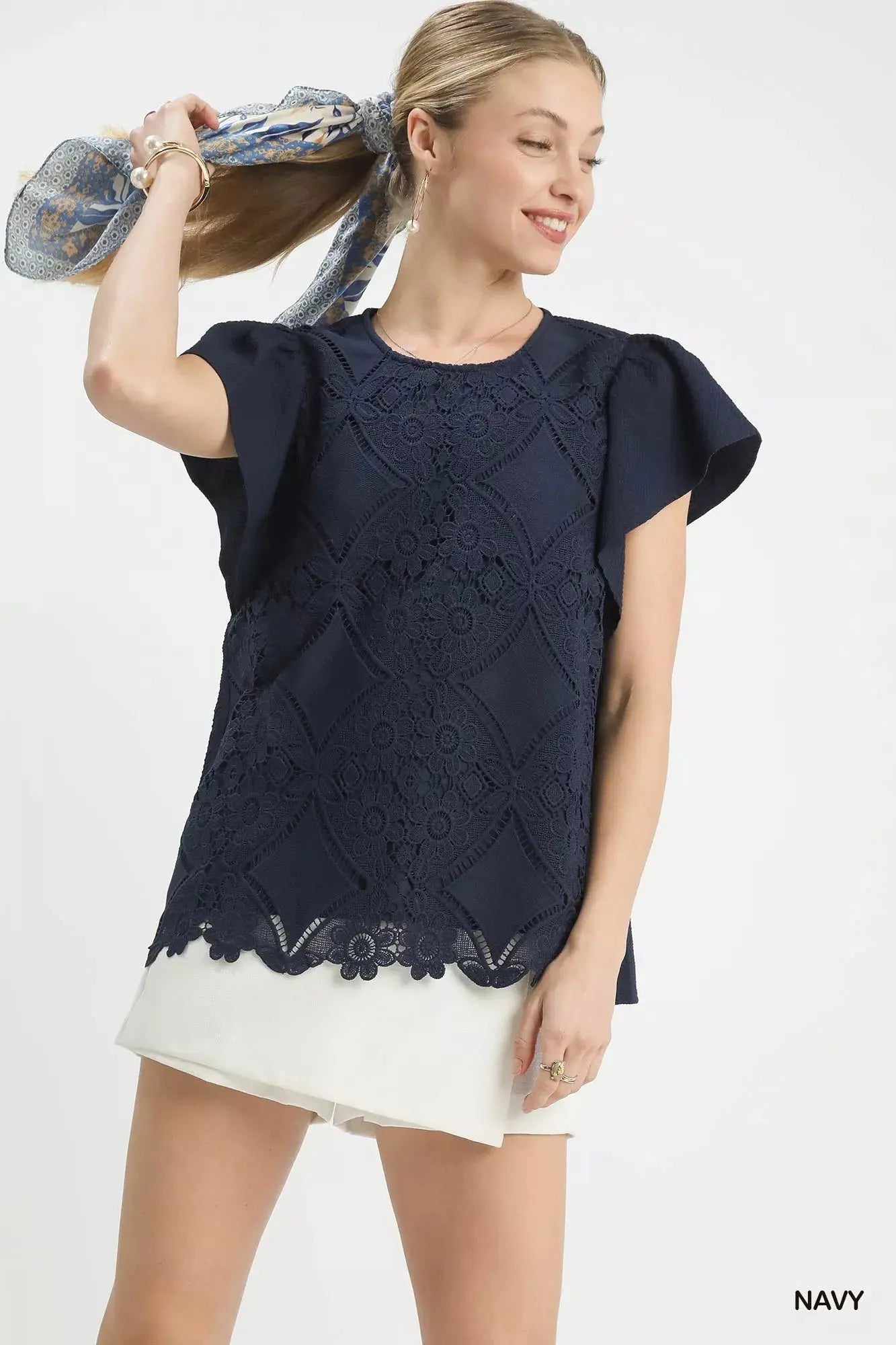 Umgee Floral Lace Overlay Flutter Sleeve Top  Style Ratio