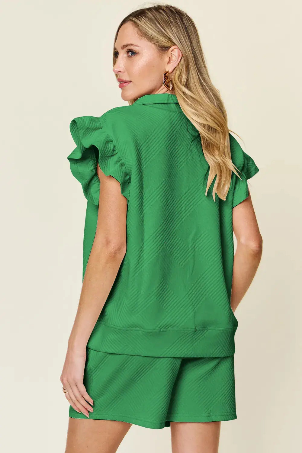 Double Take Texture Flounce Sleeve Top and Drawstring Shorts Set  Style Ratio