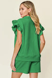 Double Take Texture Flounce Sleeve Top and Drawstring Shorts Set  Style Ratio