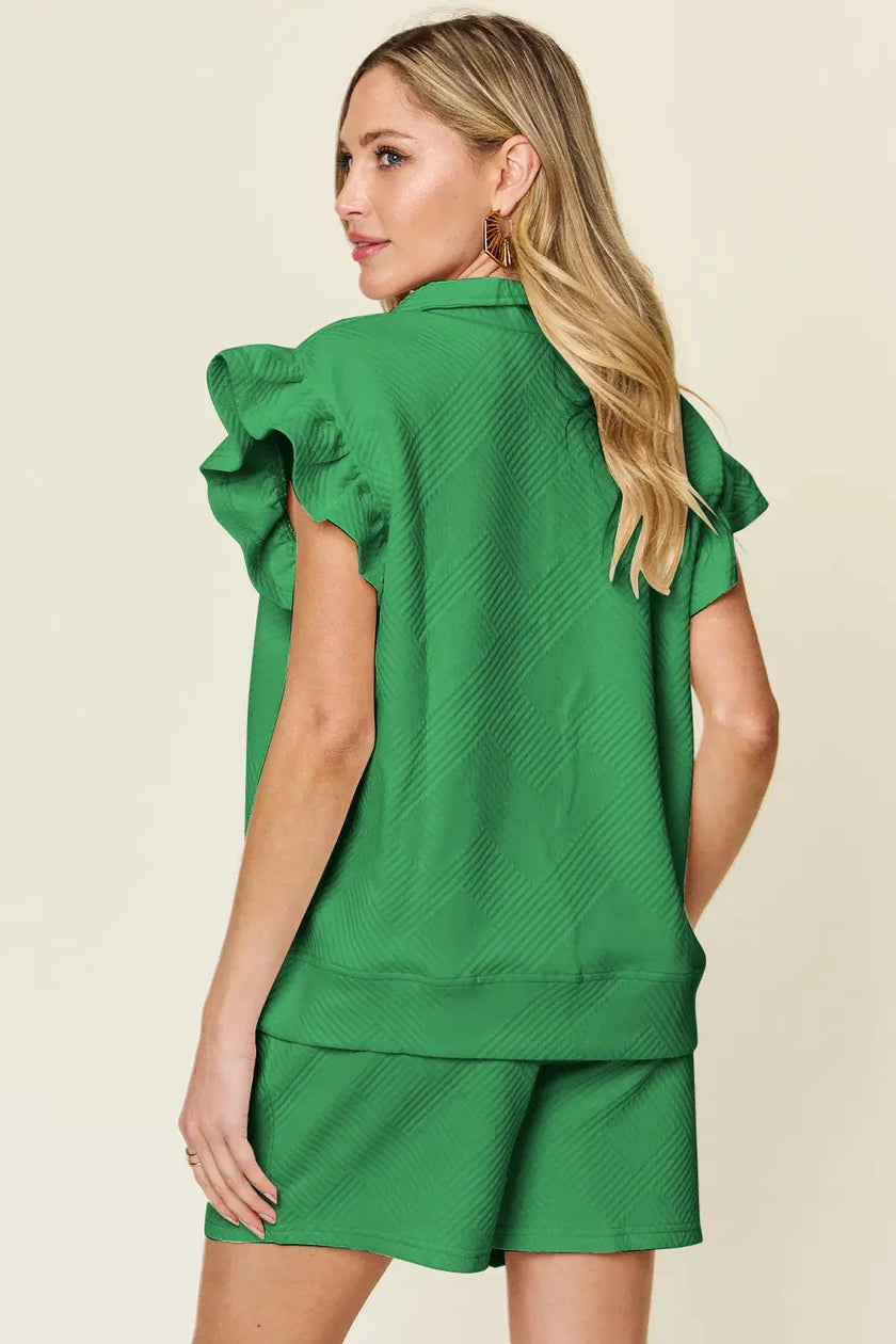 Double Take Texture Flounce Sleeve Top and Drawstring Shorts Set  Style Ratio