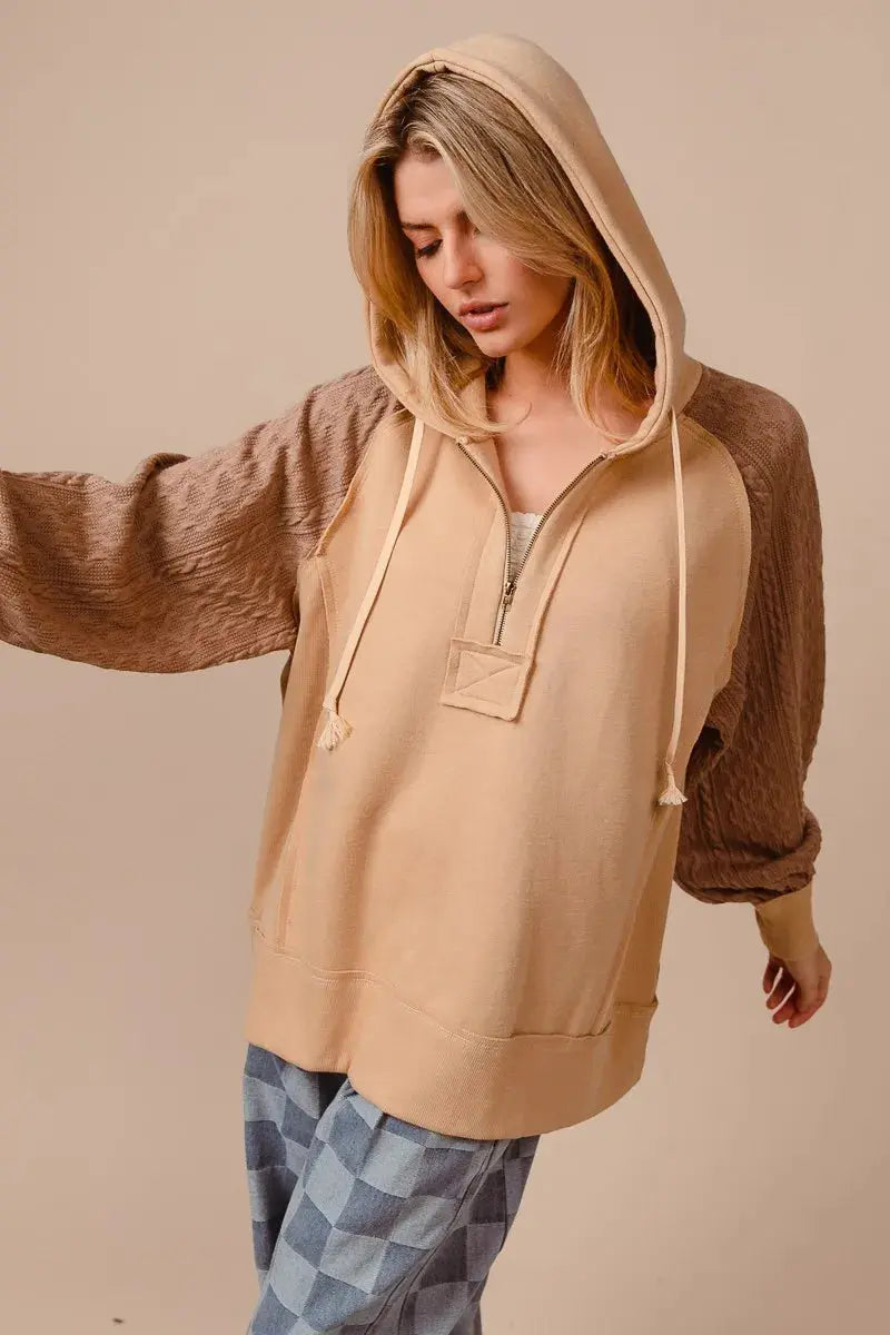 BiBi Half Zip French Terry Hoodie with Kint Sleeves  Style Ratio