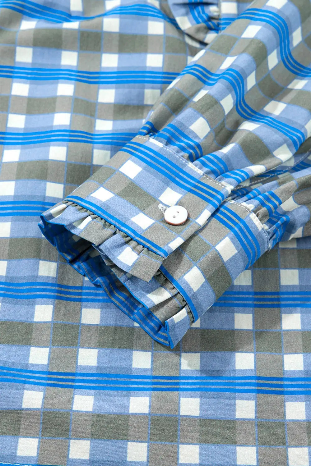 Plaid Long Sleeve Frilled Detail Half Button Blouse  Style Ratio
