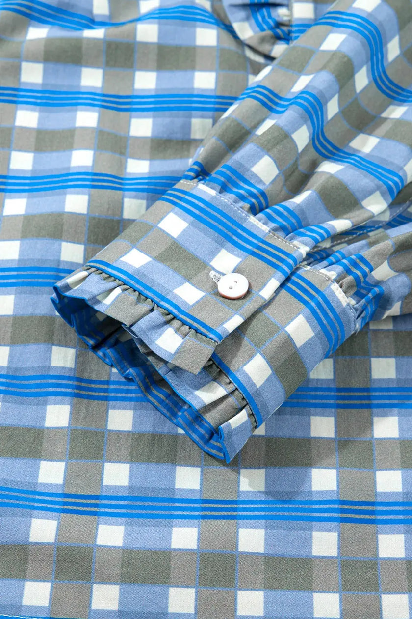 Plaid Long Sleeve Frilled Detail Half Button Blouse  Style Ratio
