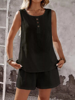 Decor Button Round Neck Tank and Shorts Set  Style Ratio
