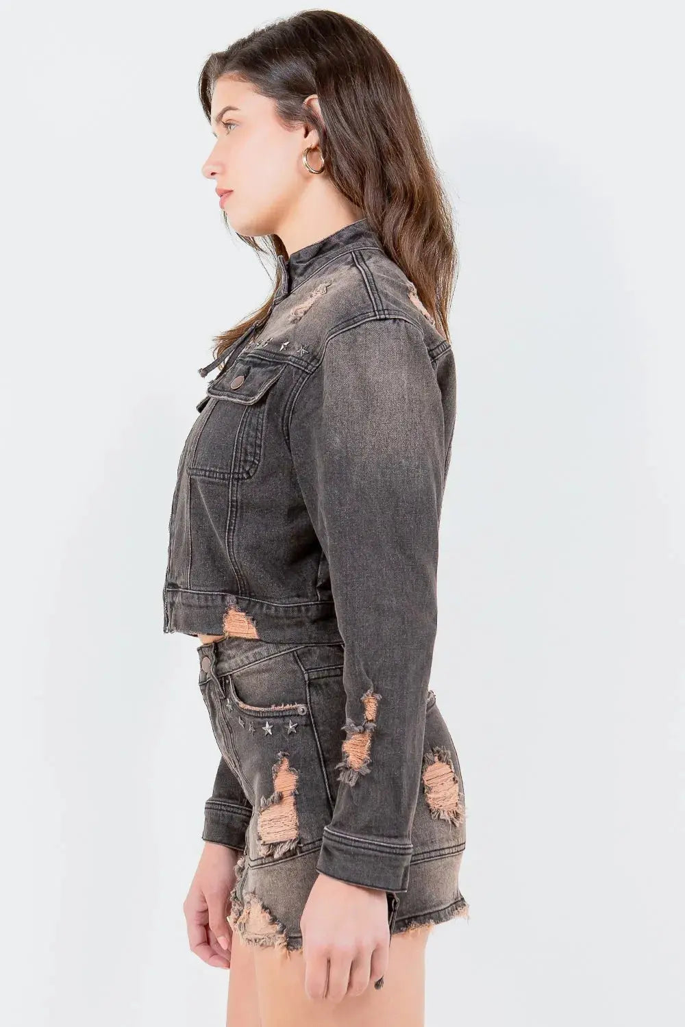 American Bazi Full Size Distressed Star Stud Trim Denim Rider Jacket  Style Ratio