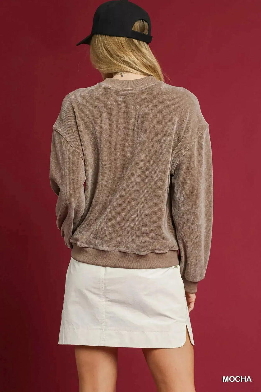 Umgee Velour Crewneck Balloon Sleeve Sweatshirt  Style Ratio