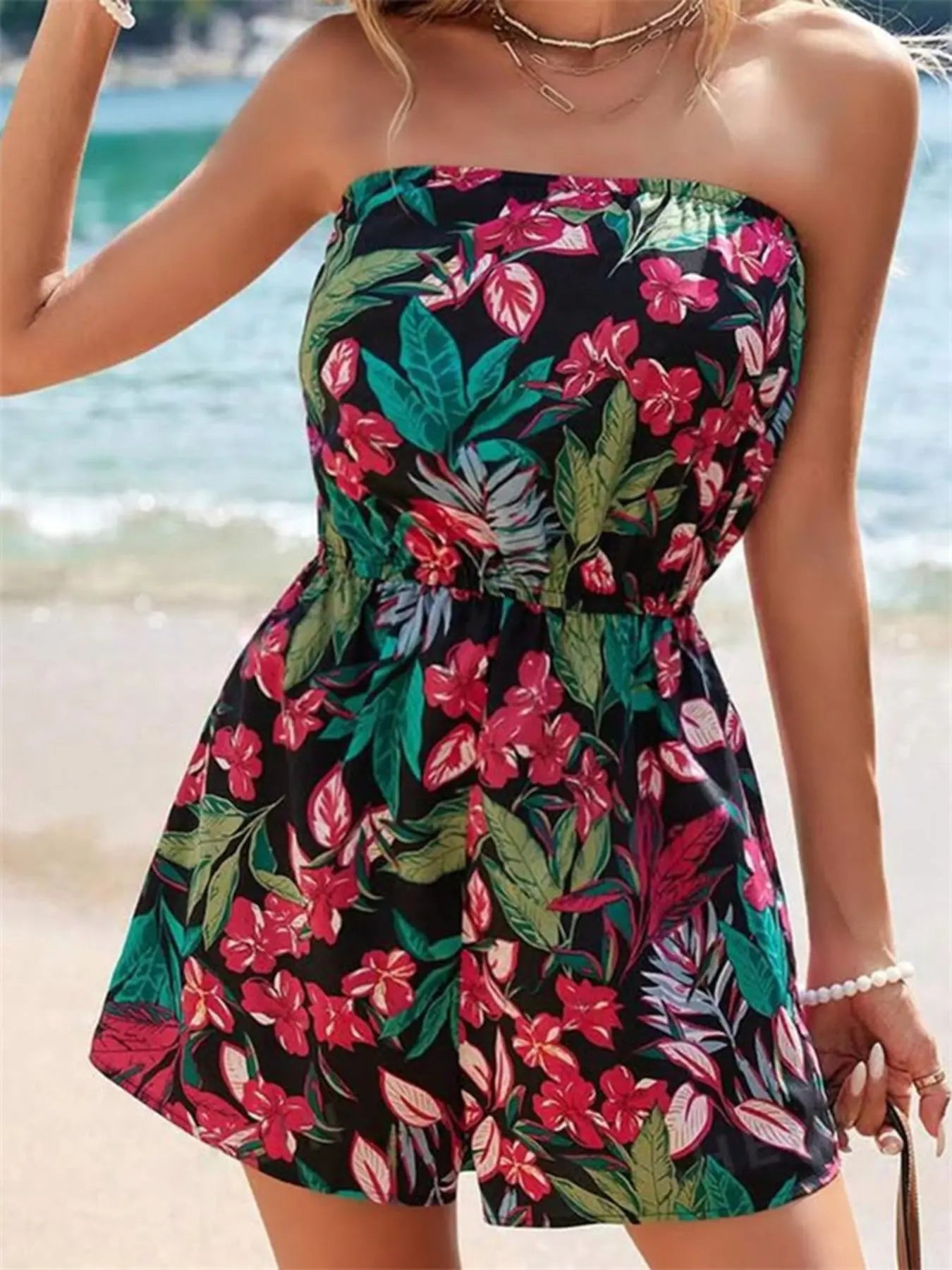 Floral Print Strapless Elastic Waist Romper  Style Ratio